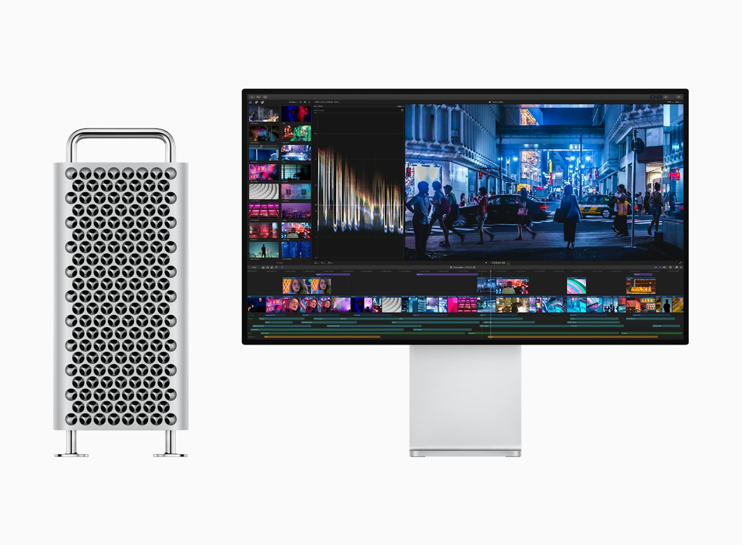Apples ny Mac Pro og Pro Display XDR-skjerm ved siden av hverandre